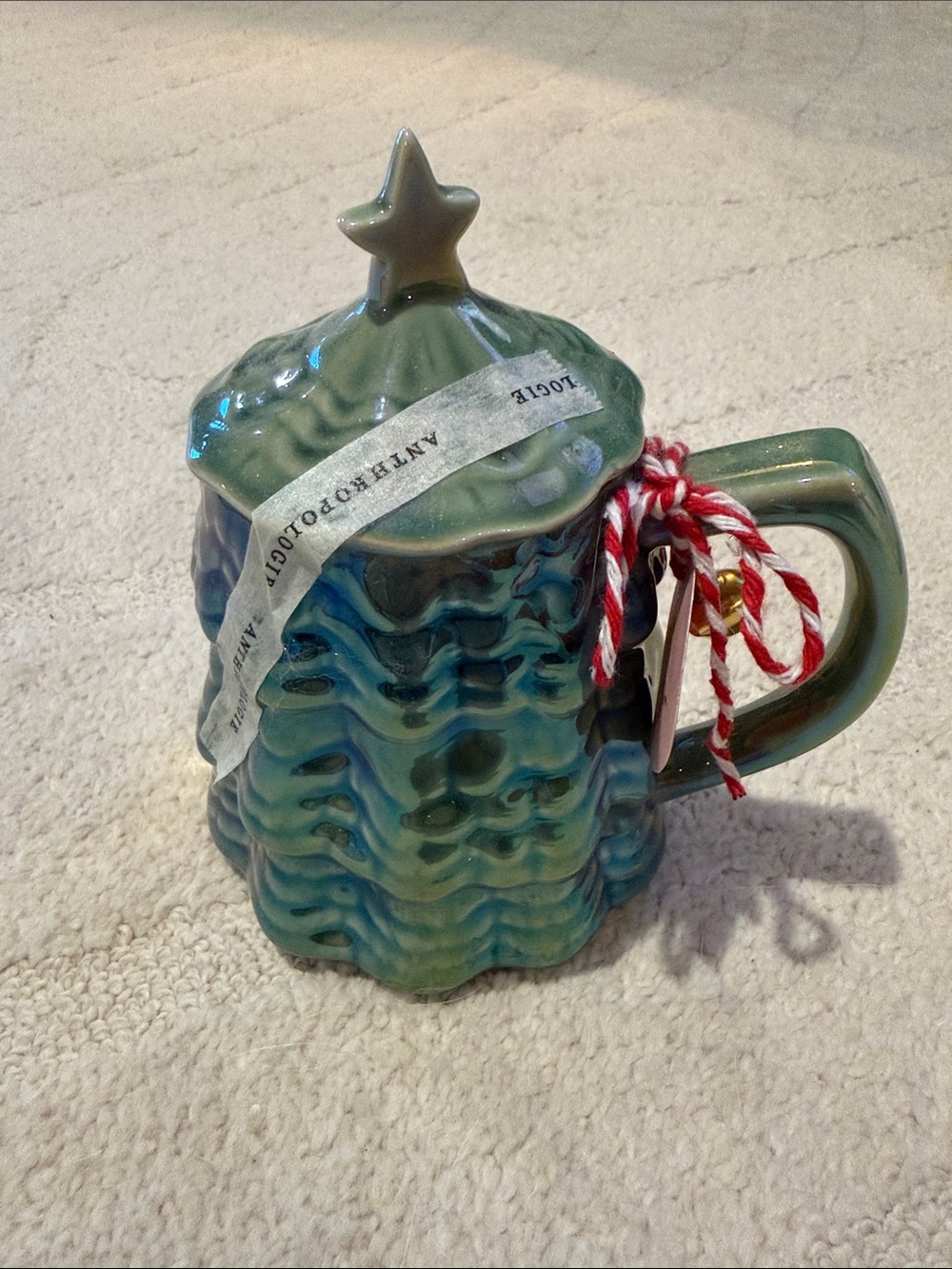 Anthropologie Green Ceramic Tree Mug with Star Lid